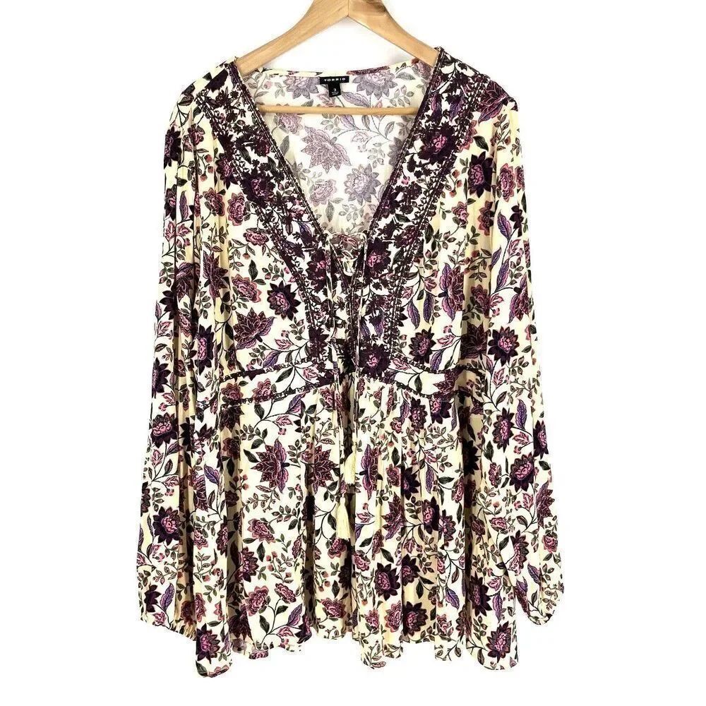 Torrid Shirt Size 3X Womens Ivory Purple Floral Lace Up Tassel Embroidered Top